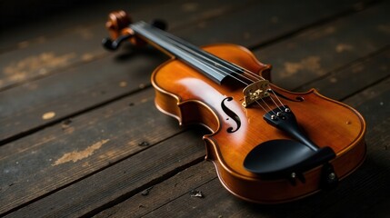 Fototapeta premium A Polished Violin Rests on Weathered Wooden Planks, Displaying its Rich Tone and Intricate Detail