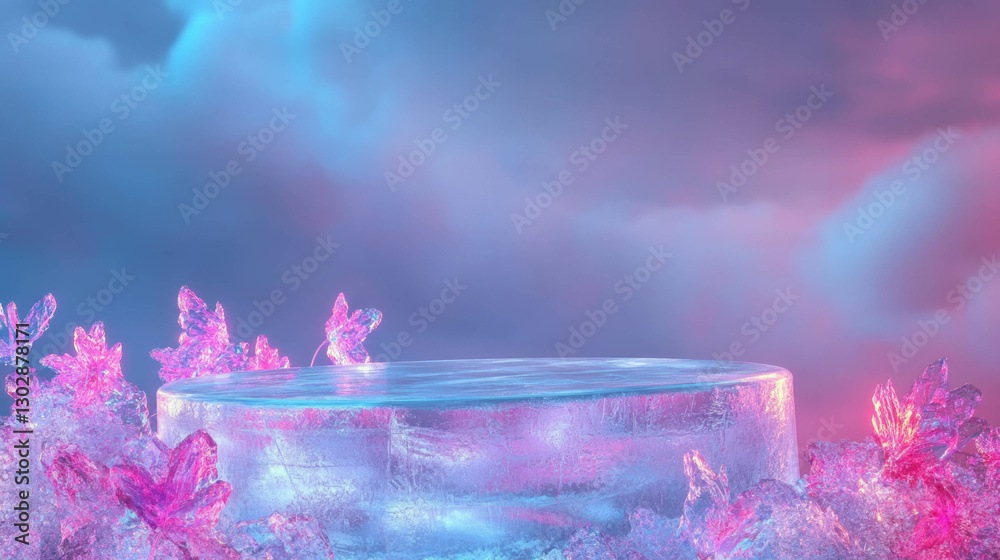 Poster enchanting abstract ice podium with crystal accents for winter display design