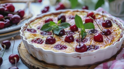 Delicious Cherry Clafoutis with Fresh Cherries and Mint Garnish