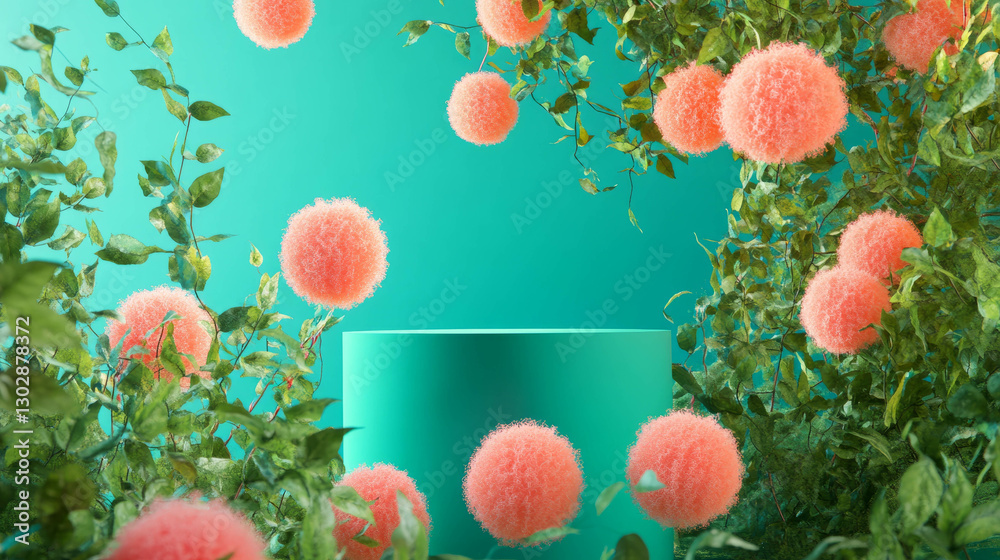 Poster abstract nature inspired background with vibrant podium and fuzzy plants for creative design concept