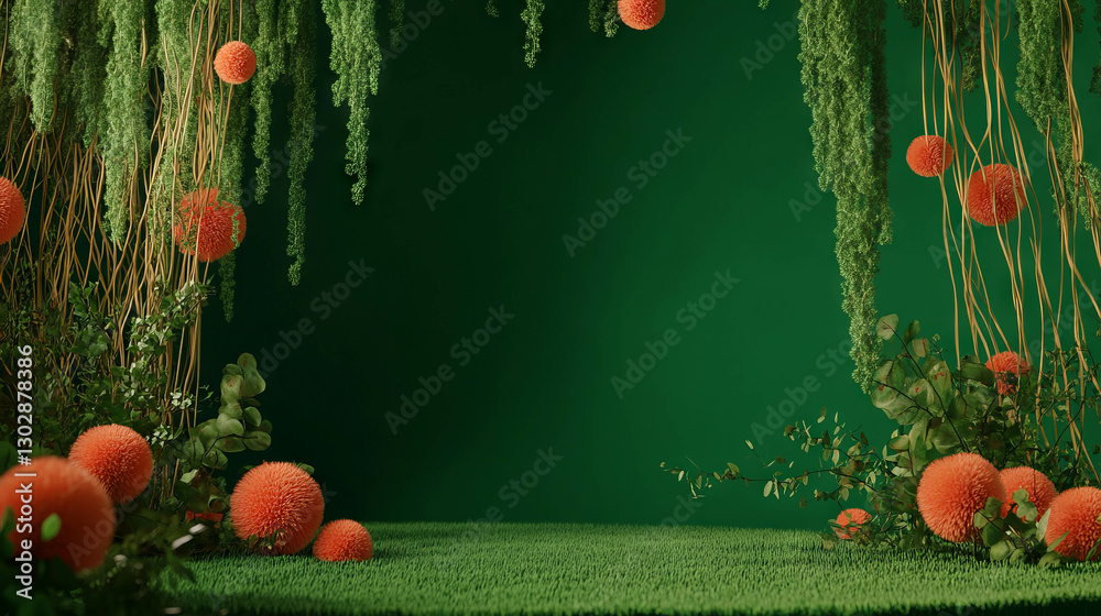 Poster abstract minimalist green nature scene with orange elements for display background