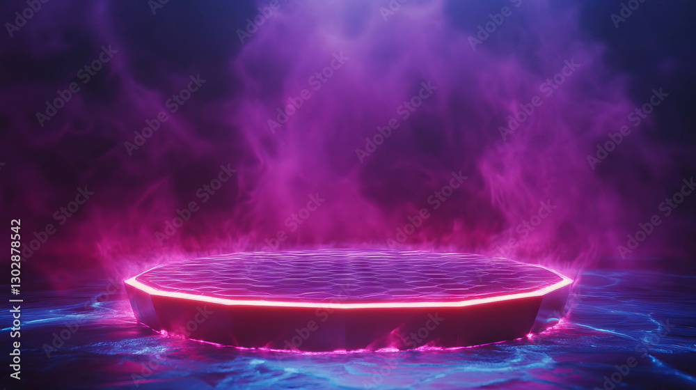 Poster futuristic hexagonal neon podium with glowing smoke and dark abstract background