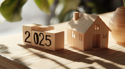 2025 New Home Purchase Wooden House Model and Year Blocks on Table
