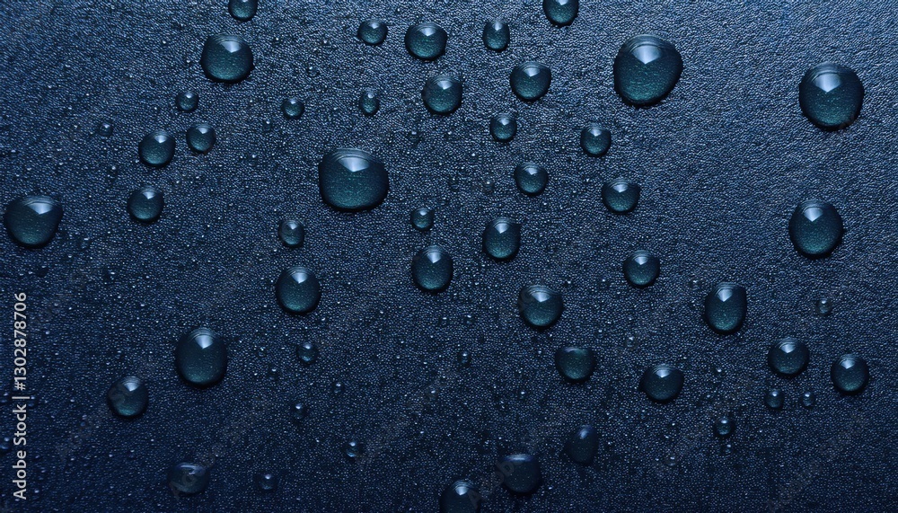Poster macro water droplets on dark textured surface with condensation, high contrast moisture pattern, abs