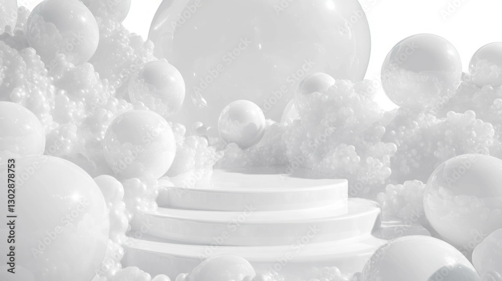 Poster elegant abstract background with white spherical elements and podium design