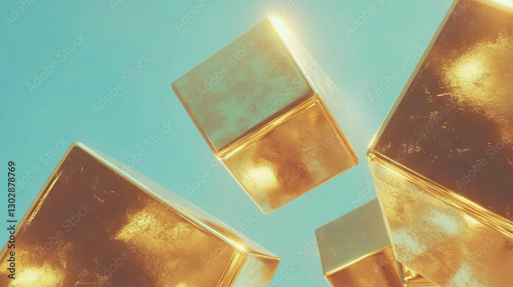 Poster futuristic abstract design with golden cubes and podium on blue background