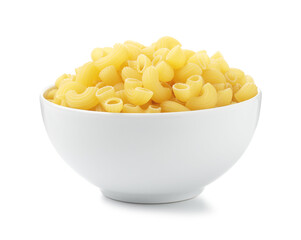 Raw horns pasta in bowl isolated on white