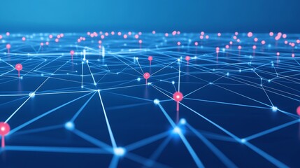 A blue background with many red dots. Abstract futuristic technology concept for web design, software development.