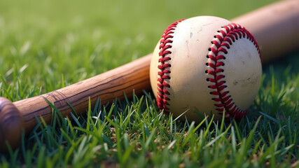 Weathered Baseball Bat and Stitched Leather Ball on Lush Grass Field Perimeter for Sports Competition and Performance Illustration