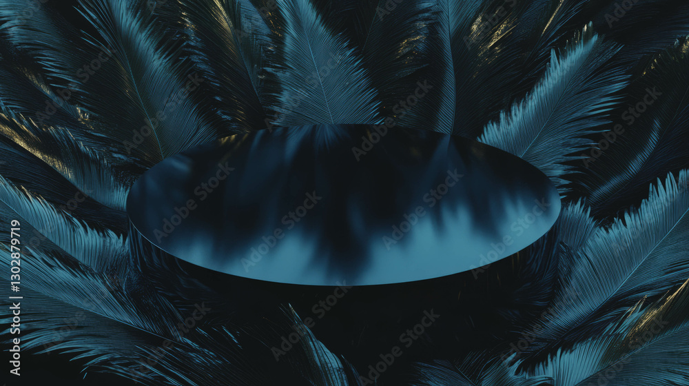 Poster elegant abstract background with blue podium and palm leaves for display