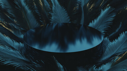 Obraz premium Elegant abstract background with blue podium and palm leaves for display