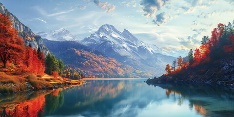 Scenic Painting of a Majestic Mountain with a Tranquil Lake in the Background