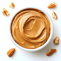 Creamy peanut butter in a bowl with almond nuts