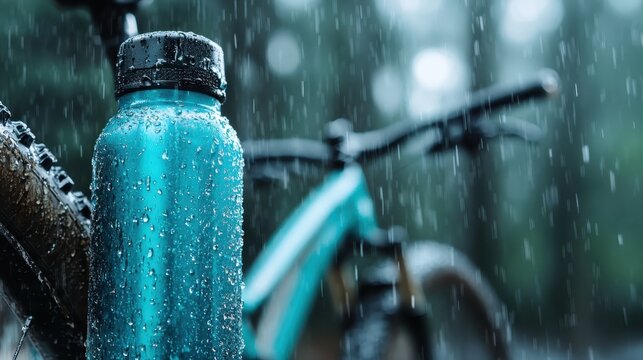 A close-up of a rain-soaked water bottle near a colorful mountain bike on a dynamic forest trail, highlighting the beauty of adventure under rainy conditions.