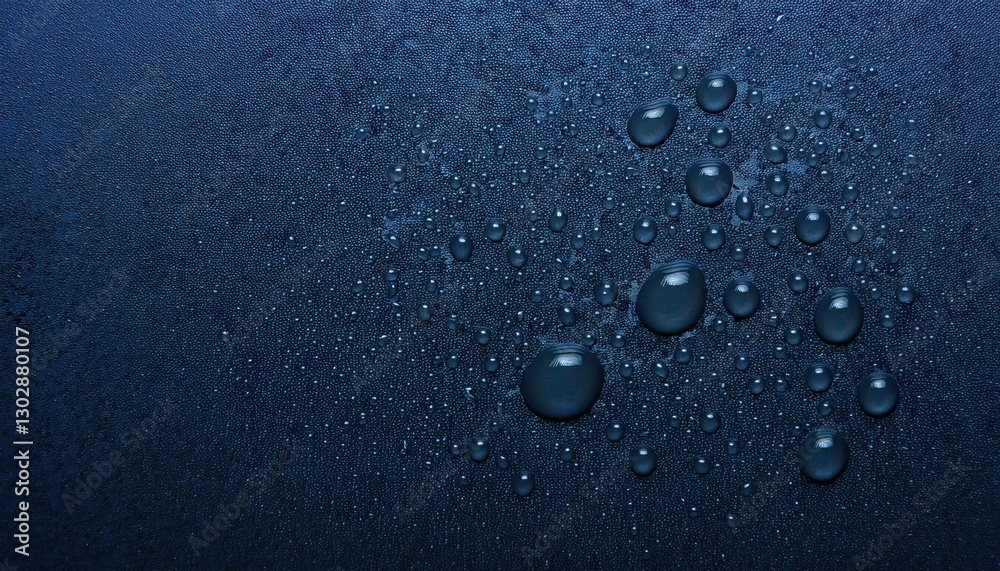 Poster macro water droplets on dark textured surface with condensation, high contrast moisture pattern, abs
