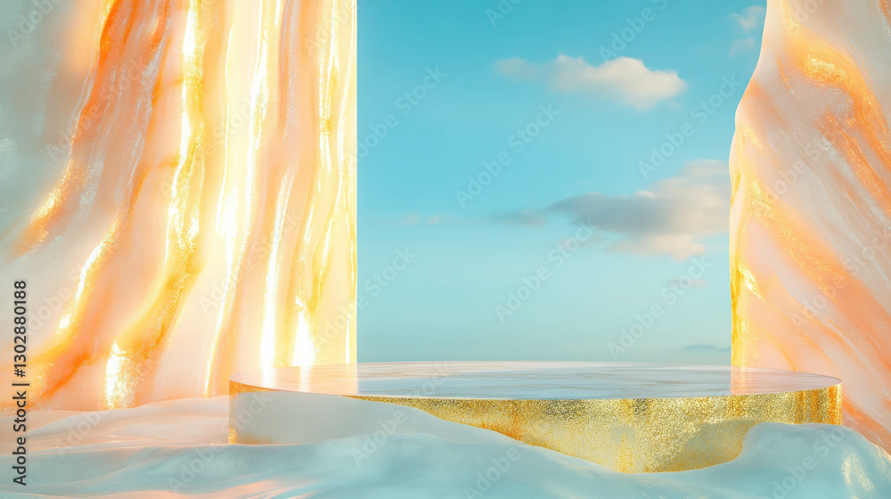 Poster abstract scene with gold polished podium against cloudy sky backdrop for modern display design