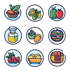 Assorted Fresh Fruits and Vegetables Icon Set in Circular Designs