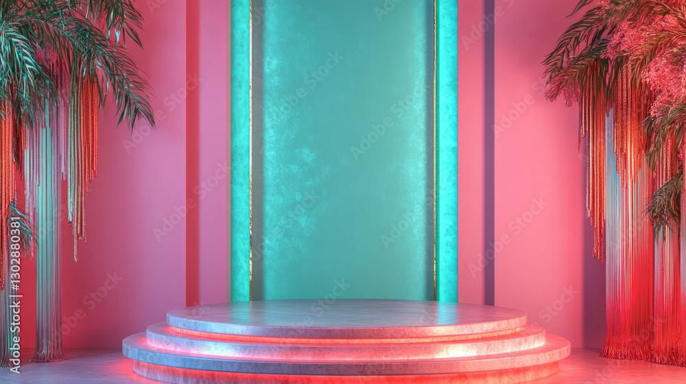 Poster vibrant abstract background with colorful podium and neon lighting design