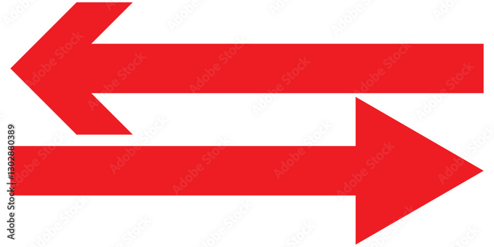 Poster red large forward or left pointing solid long arrow icon sketched as vector symbol