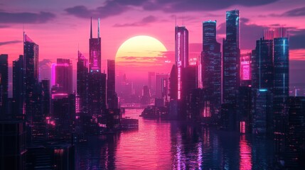 Fototapeta premium Neon Cityscape at Sunset: A Futuristic Metropolis by the Water