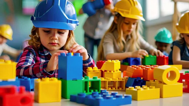 children in builder's helmets build a constructor