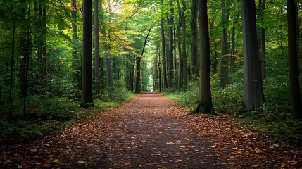 Fototapeta premium Serene road photography for travel enthusiasts in vibrant forests nature wide-angle perspective
