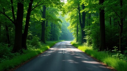 Obraz premium Sunlit Path Through Verdant Woodland Canopy A Serene Asphalt Road Curves Gently Through a Lush, Green Forest, Bathed in the Warm Glow of Sunlight Filtering Through the Dense Treetops.
