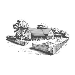 Retro engraving illustration of house in the village. Vector illustration