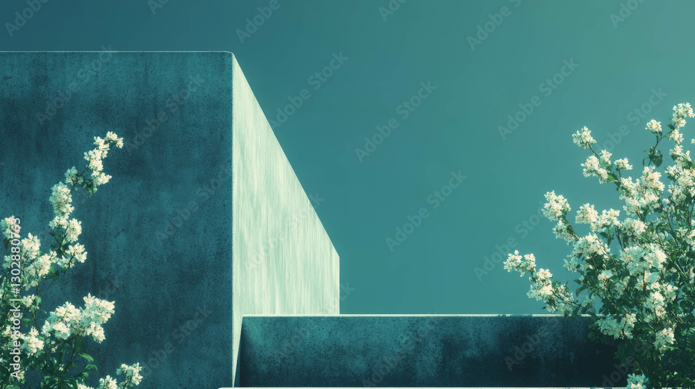 Aufkleber minimalist architecture scene with abstract concrete podium and blossoms