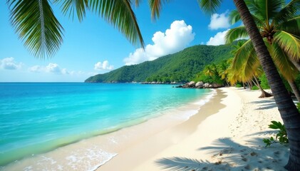 Azure ocean washes sandy cove, palm trees sway in breeze, hills surround , travel, tropical