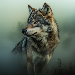 Fototapeta premium Water Color, Wolf stalking through misty forest wildlife photography nature scene tranquil environment close-up perspective