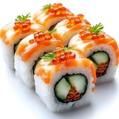 Salmon uramaki sushi rolls garnished with tobiko and parsley
