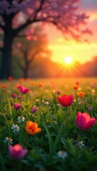 Fototapeta premium Blazing sunrise paints the spring meadow with warm hues, dew drops sparkle , nature, vibrant