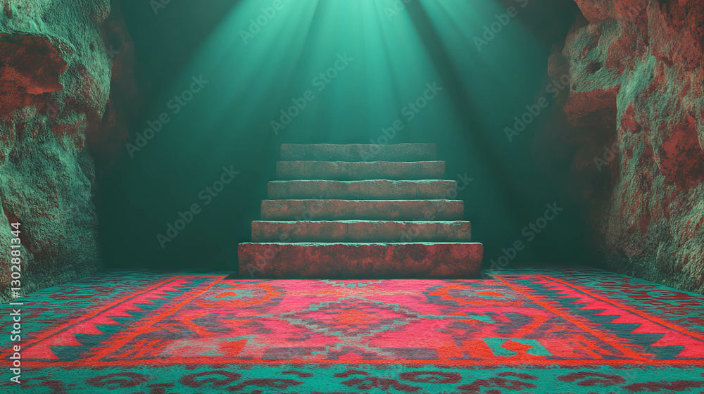 Aufkleber Ethereal abstract cave scene with illuminated podium and patterned tapestry