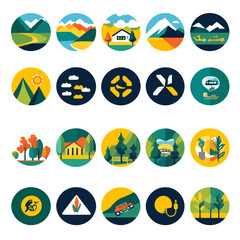 Flat Design Eco Friendly Icon Set with Mountain, Travel and Nature Themes