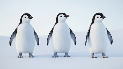 Obraz premium Three penguins standing on a snowy surface