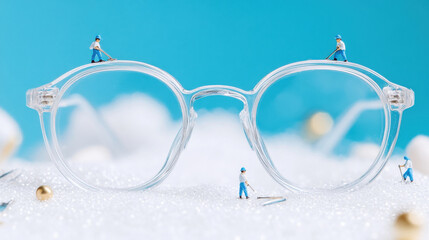 A giant pair of glasses with tiny workers polishing the lenses and adjusting the frame screws.