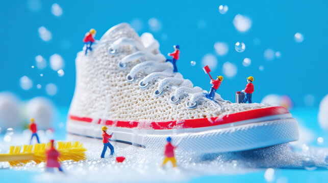 A giant sneaker with tiny workers cleaning the laces and scrubbing the sole. Soap bubbles and cleaning brushes scattered around.