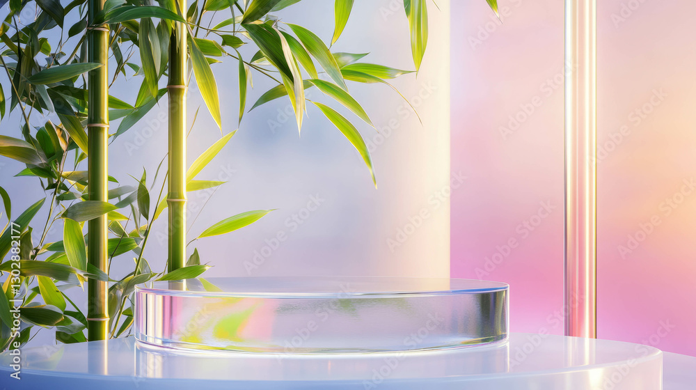 Poster Abstract nature-inspired podium design with bamboo and soft gradient background