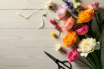 Floral Arrangement Composition Colorful Blooms, Ribbon, and Shears on White Wooden Surface