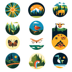 Round wildlife icons featuring sun, mountains, bird, butterfly and sea
