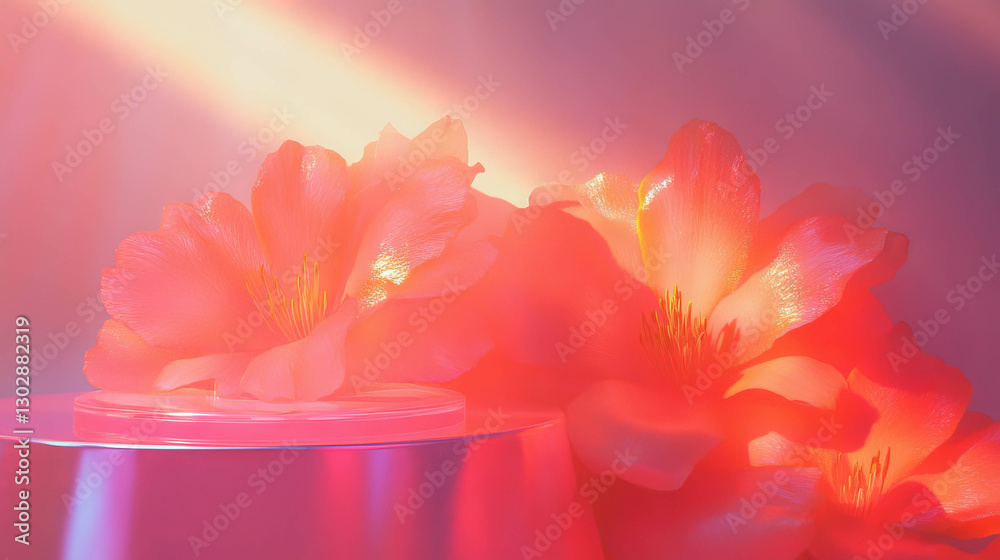 Poster abstract floral background with translucent podium and soft light