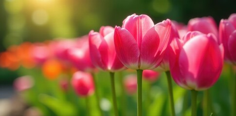 Obraz premium Close-up of bright pink tulips in lush garden setting , day, plant
