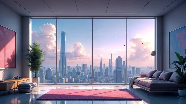 modern living room with a window animated virtual backgrounds, stream overlay loop, interior, cozy futuristic living room at sunset, vtuber asset twitch zoom OBS screen, chill anime lo-fi hip hop