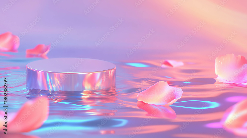 Poster elegant abstract scene with reflective podium and floating petals for design inspiration