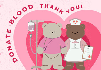 People Teddy bear blood donation concept. Volunteers donated blood. Medical and charity concept, support health