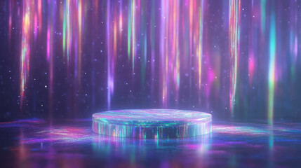 Futuristic abstract background with illuminated podium and vibrant neon lights