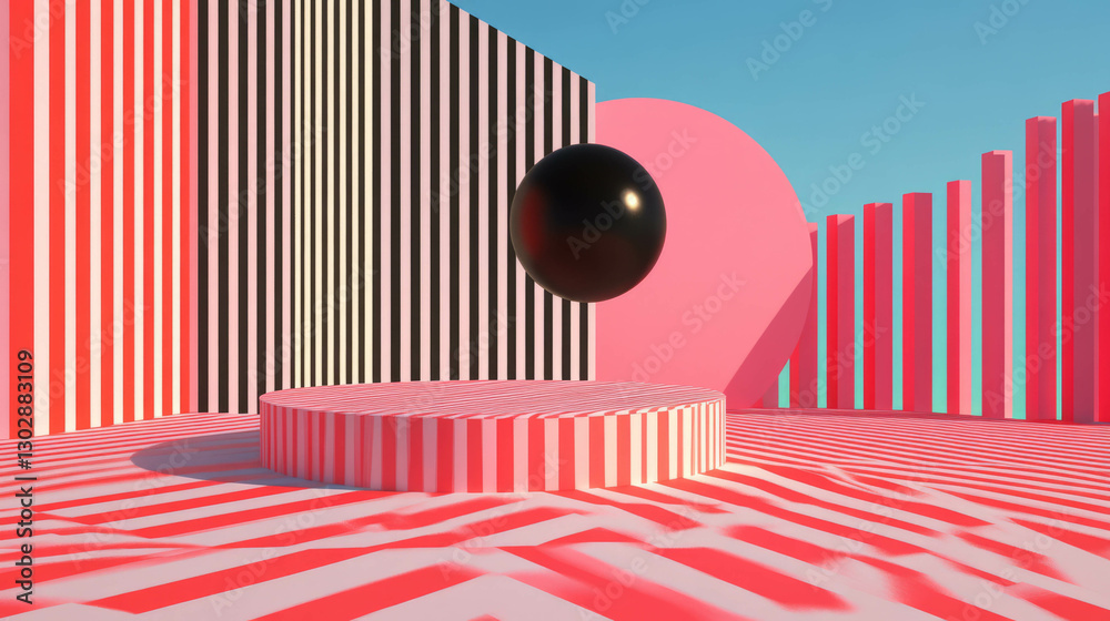 Poster Modern geometric scene with striped podium and floating sphere for display design
