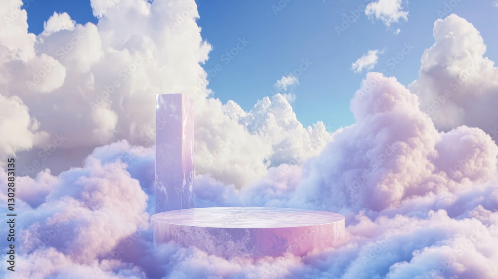 Poster dreamy cloudscape with modern podium for design or presentation backdrop