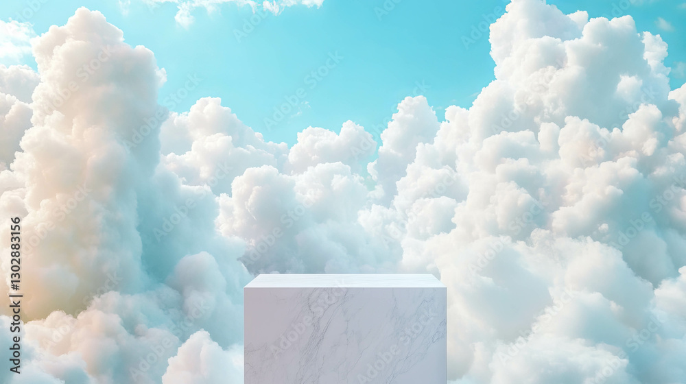 Poster minimalist podium against cloudy sky background for creative display concepts